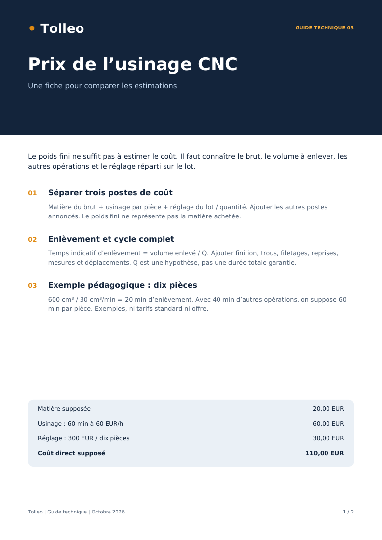 Première page du PDF: Prix de l’usinage CNC